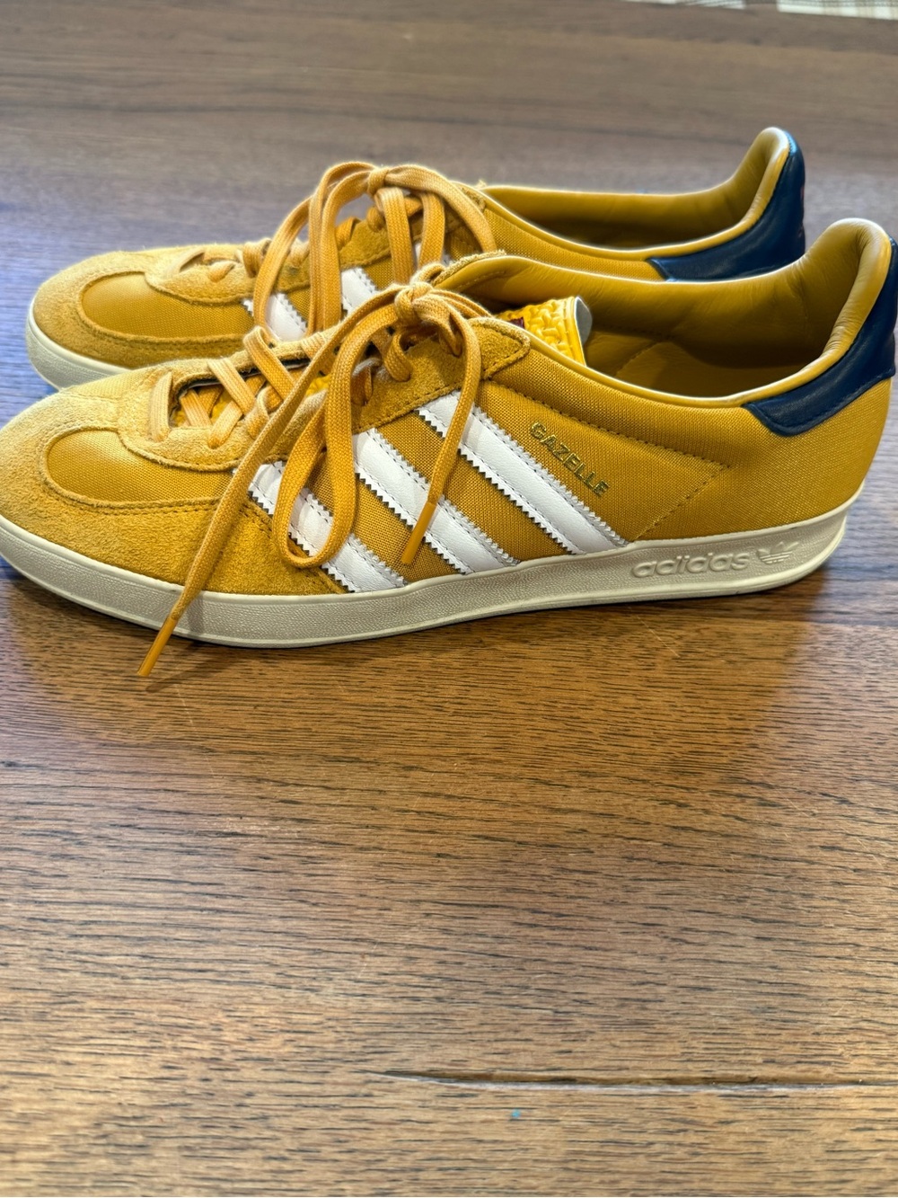 adidas Gazelle Men's Sneakers in Mustard Yellow with White Stripes and Navy Heel